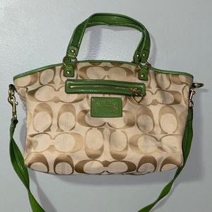 Coach Logo Large Tote Shoulder Bag with Green Accents